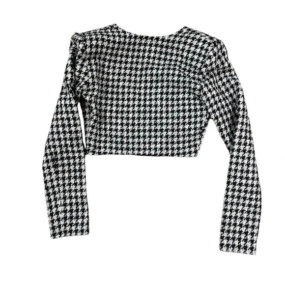 Zara Black White Houndstooth Tweed Cropped Faux Wrap Long Sleeve Top Size XS - Picture 7 of 8